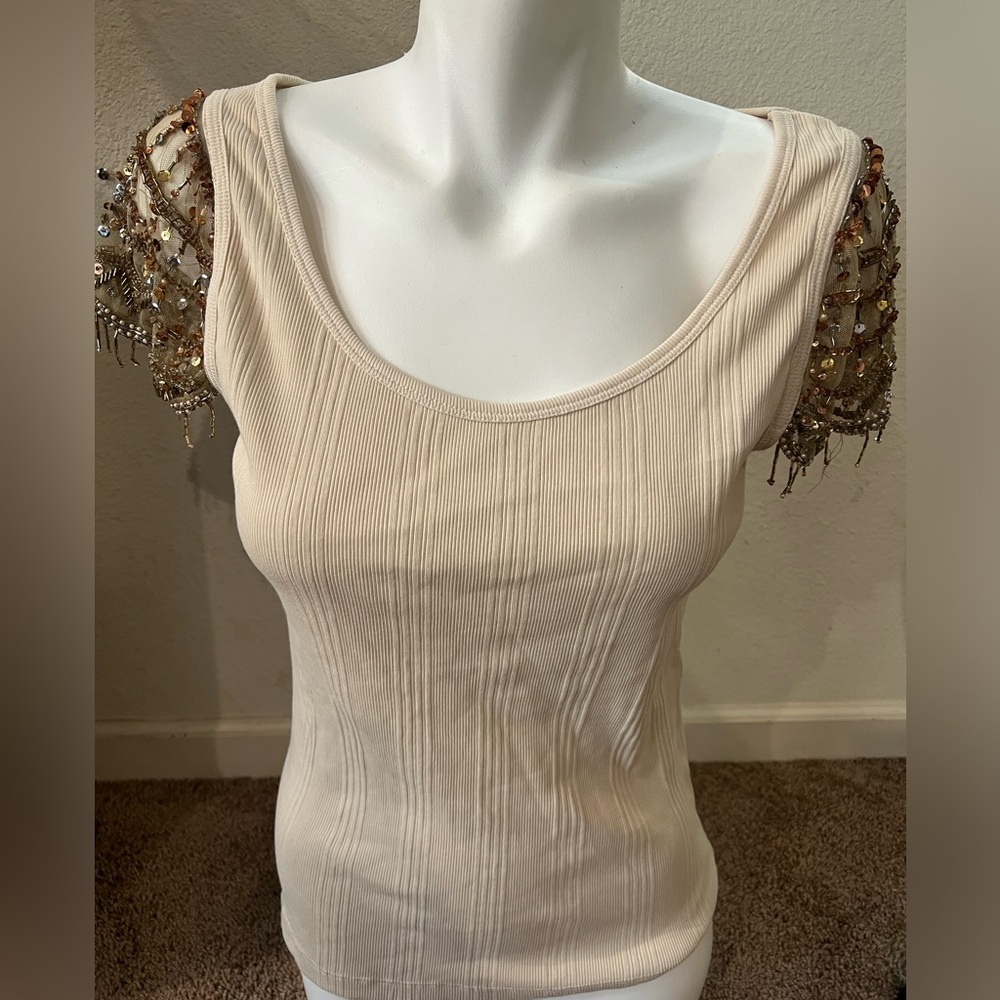 Newport News Vintage Y2K beaded sequin Cotton T-shirt top Small beige gold